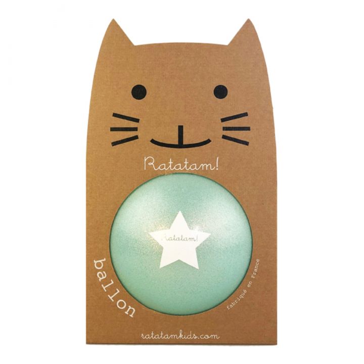 Ballon à paillettes bleu estival dans son packaging en carton visage de chat. Diamètre 15 cm. Fabriqué en France. Ballon Ratatam Kids.