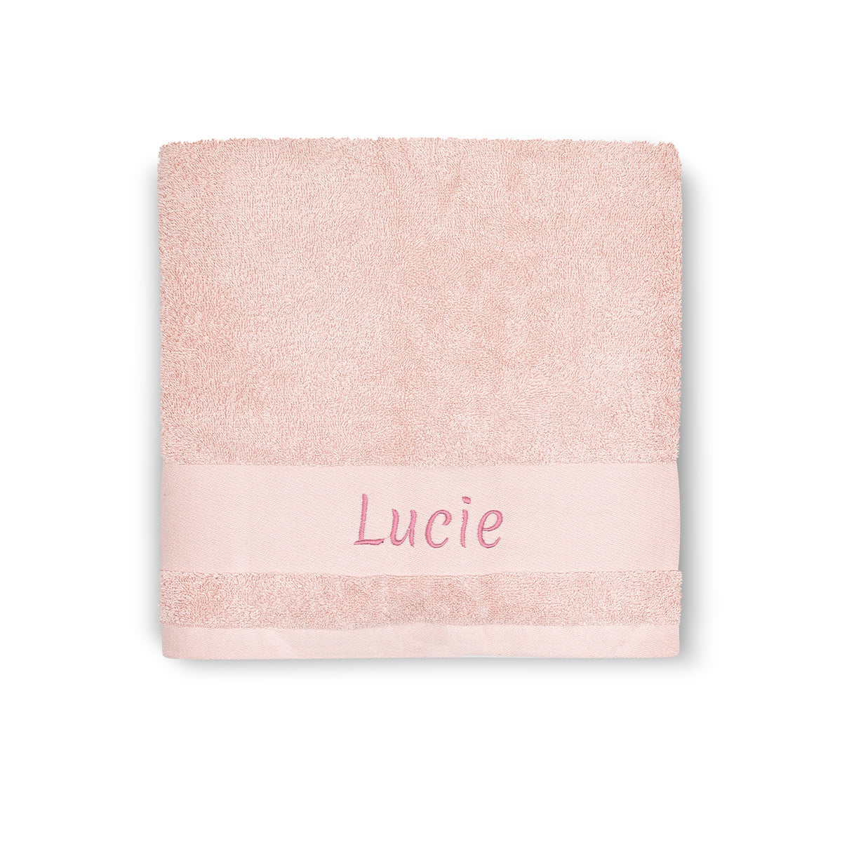 Serviette de bain bébé rose brodée avec prénom, idée cadeau naissance fille. Lapin rose poudré.