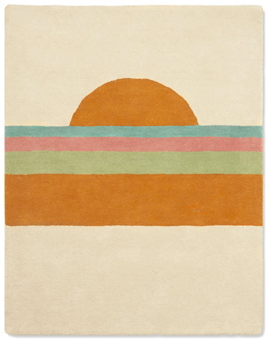 Tapis enfant Sunset Bleuu-Studio. Orange, vert, bleu et rose. Décorer une chambre bébé ou aménager un coin lecture confortable avec Bleuu-studio et Plume et Petit Vélo.