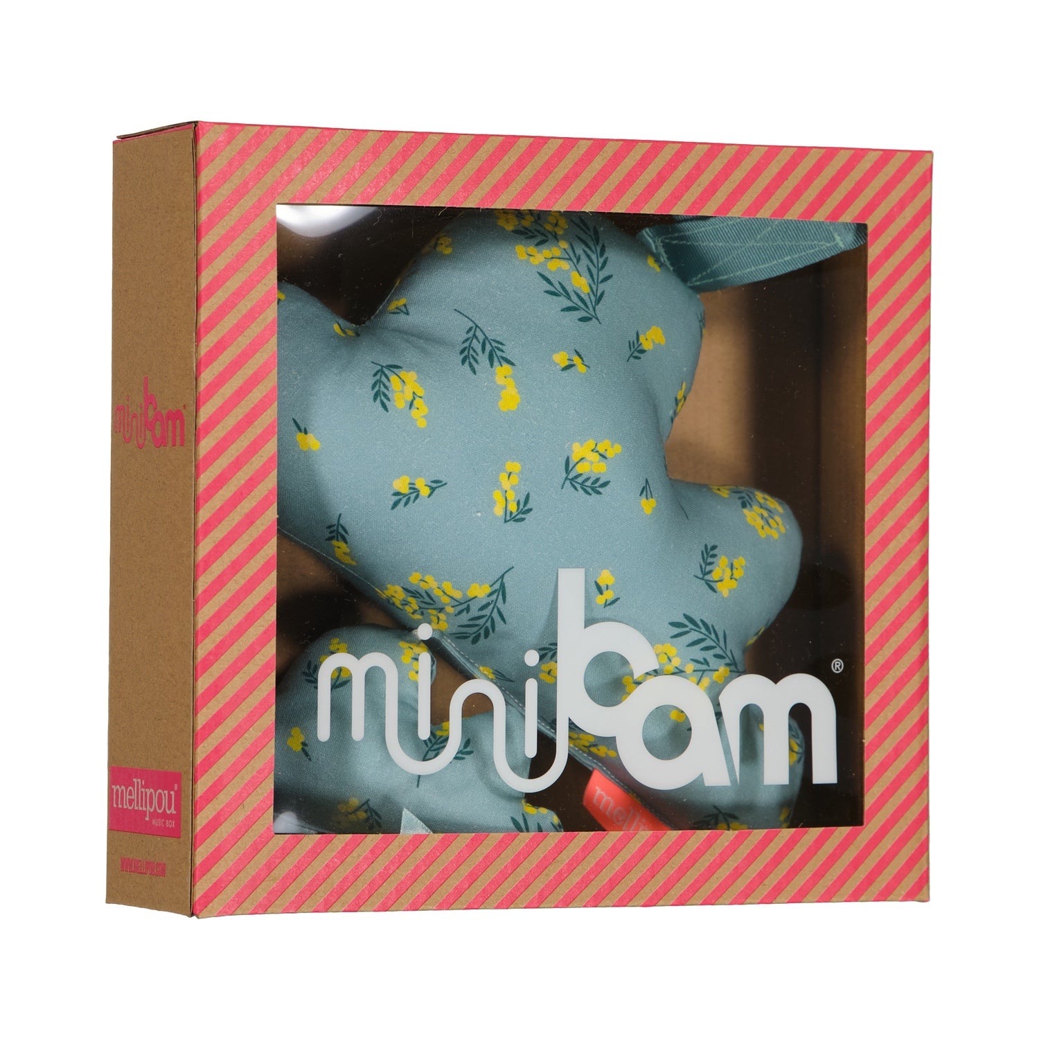 Packaging carton rayé rose et kraft Mellipou Paris, ouvert sur l'avant pour visualiser la peluche musicale mini bam bleu et  petites fleurs jaunes. Minibam musique Dirty Dancing. 