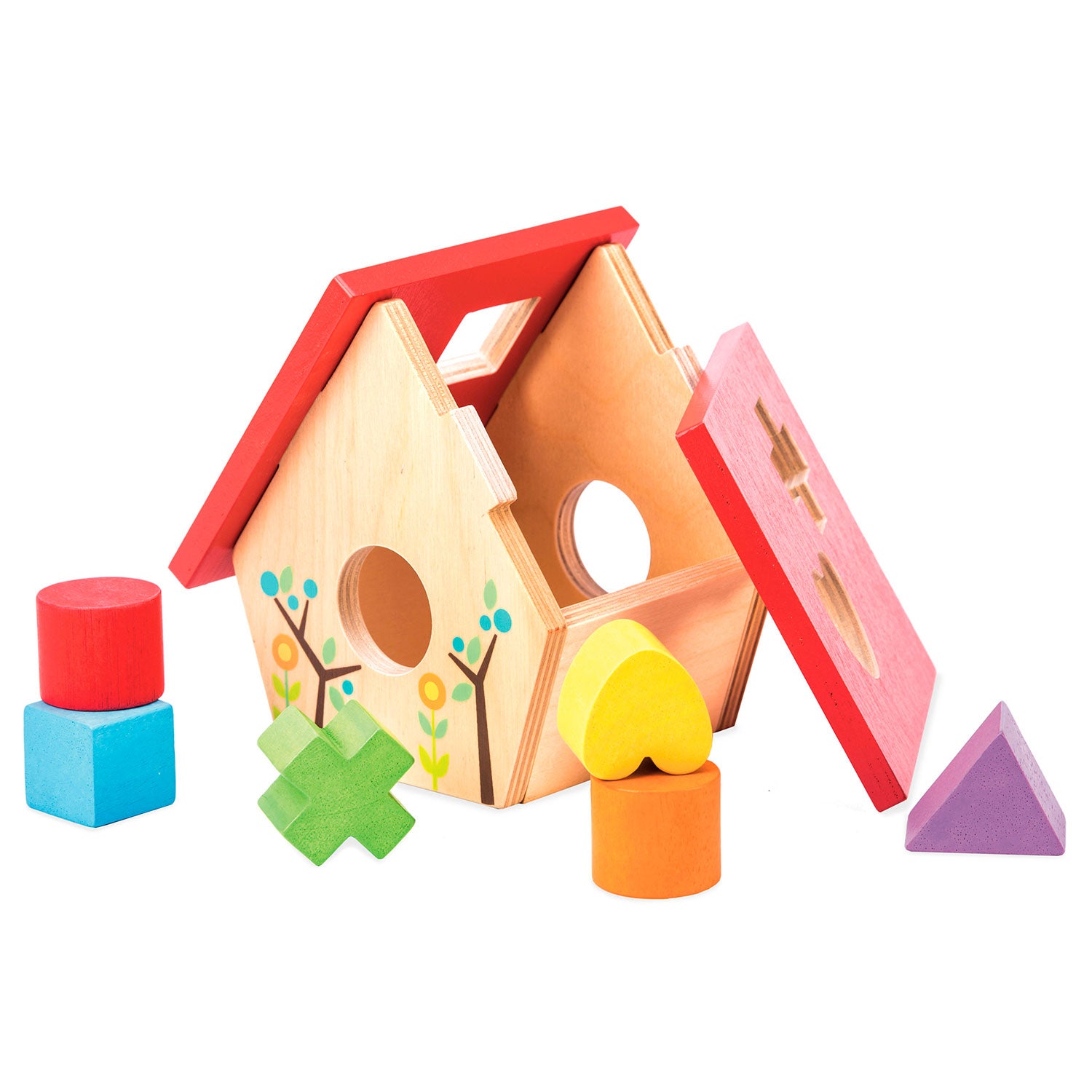 Boite à formes en bois pour bébé dès 18 mois. En forme de petite maison d'oiseau avec un toit rouge. Formes en bois colorées : cylindre rouge, cube bleu, coeur jaune, cylindre orange, triangle violet, croix verte.