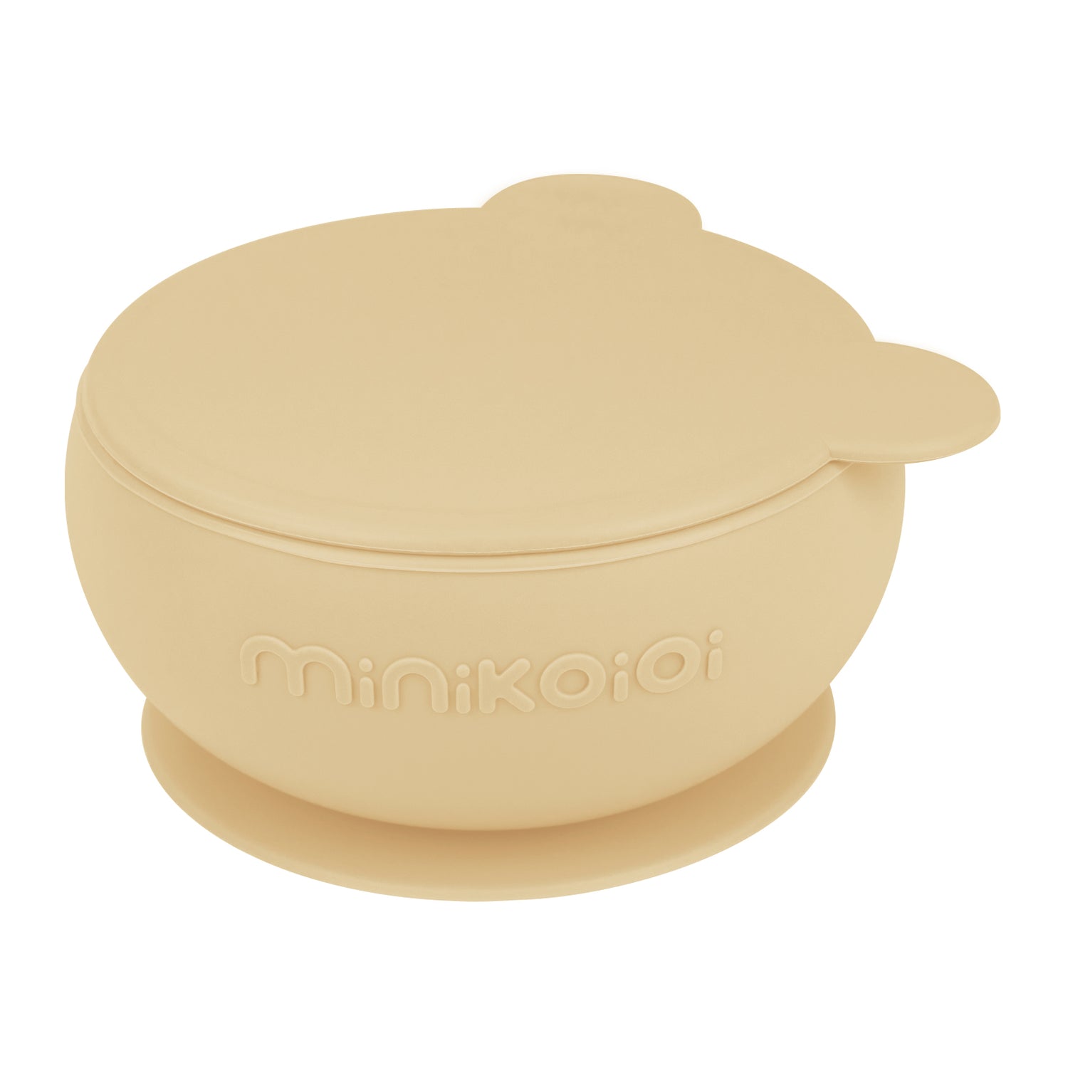 Bol bébé avec ventouse antidérapante. Pratique et fonctionnel, avec un couvercle au design ludique et attrayant avec de petites oreilles d'ourson. Couleur apaisante jaune.