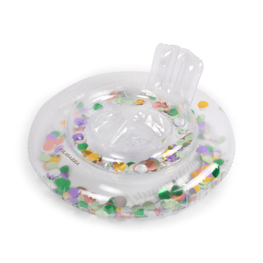 Bouée de piscine avec siège gonflable pour bébé dès 1 an. Bouée transparente avec confettis multicolore. Ludique, rassurante. Filibabba.