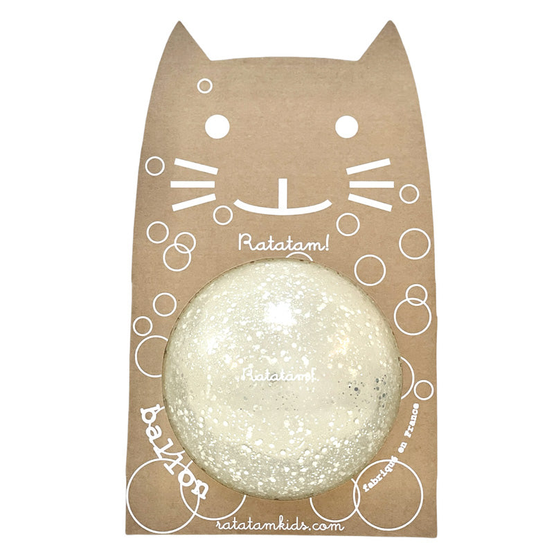 Ballon à paillettes Ratatam Kids made in France dans son packaging chaton. Couleur transparente et paillettes argentées