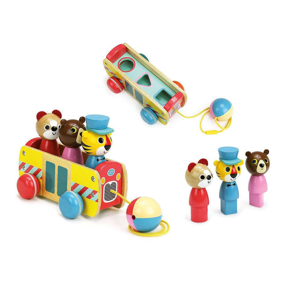 Bus des formes en bois VILAC avec personnages animaux, jouet d’éveil premier âge