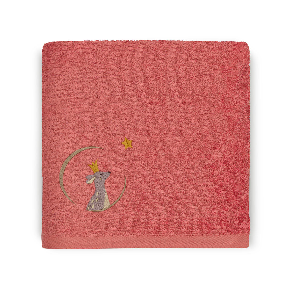 Serviette bébé rose personnalisée au prénom en éponge Oeko-Tex. Rose fraise framboise, motif faon.