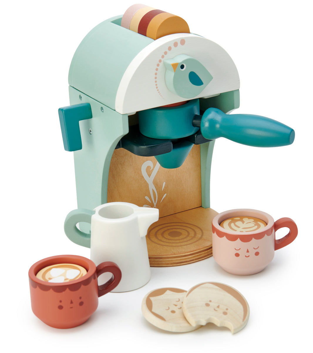Jouer à la dinette avec une machine à café jouet en bois Tender Leaf Toys. Jouet d'imitation dès 3 ans, en bois. Couleurs bleu, bois naturel et rose. Petit oiseau Tender Leaf pour régler l'intensité sur le haut.