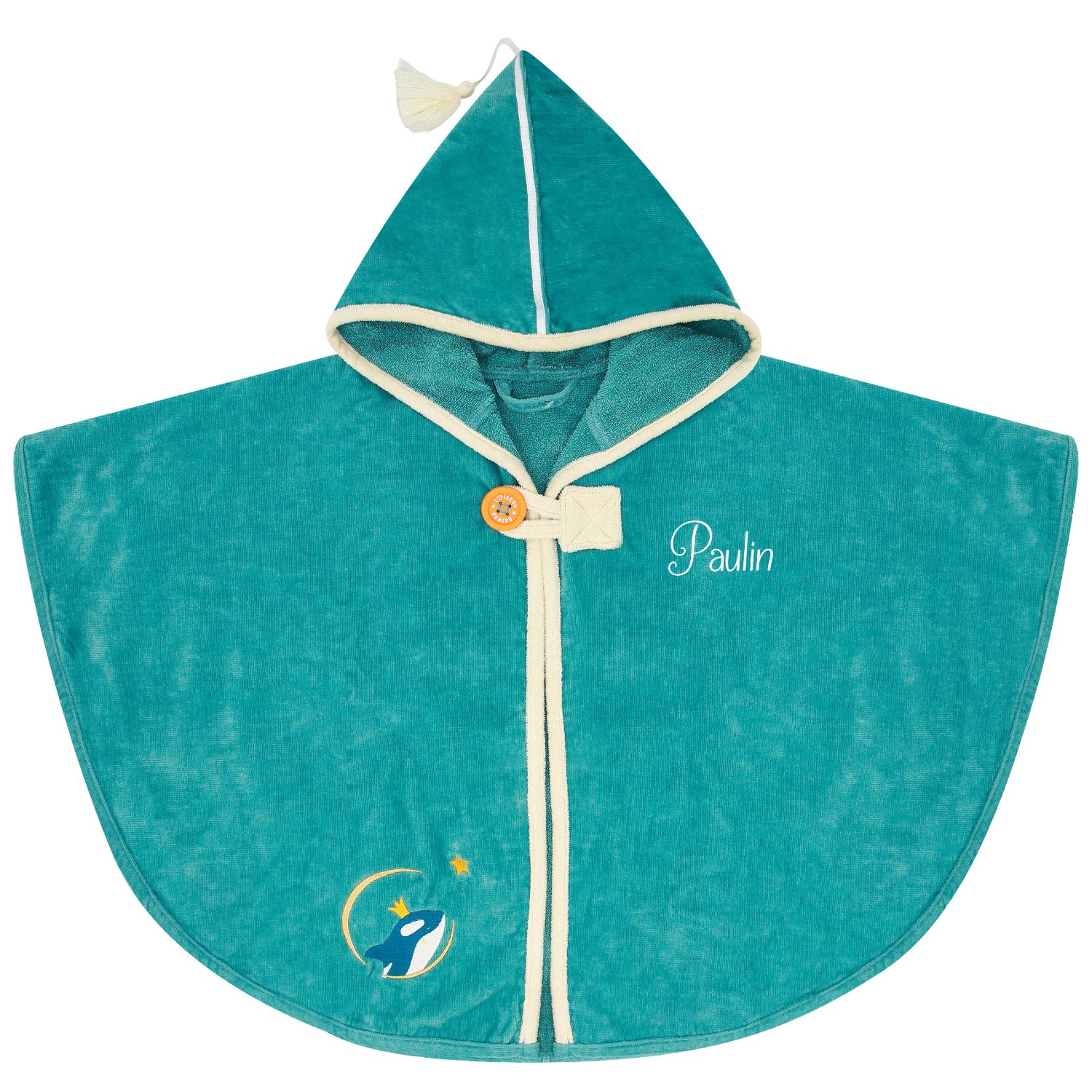 Cape de bain bébé bleue personnalisée prénom brodé modèle Orque Océan