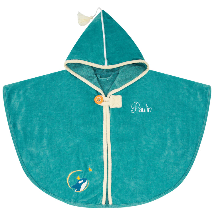 Cape de bain bébé bleue personnalisée prénom brodé modèle Orque Océan