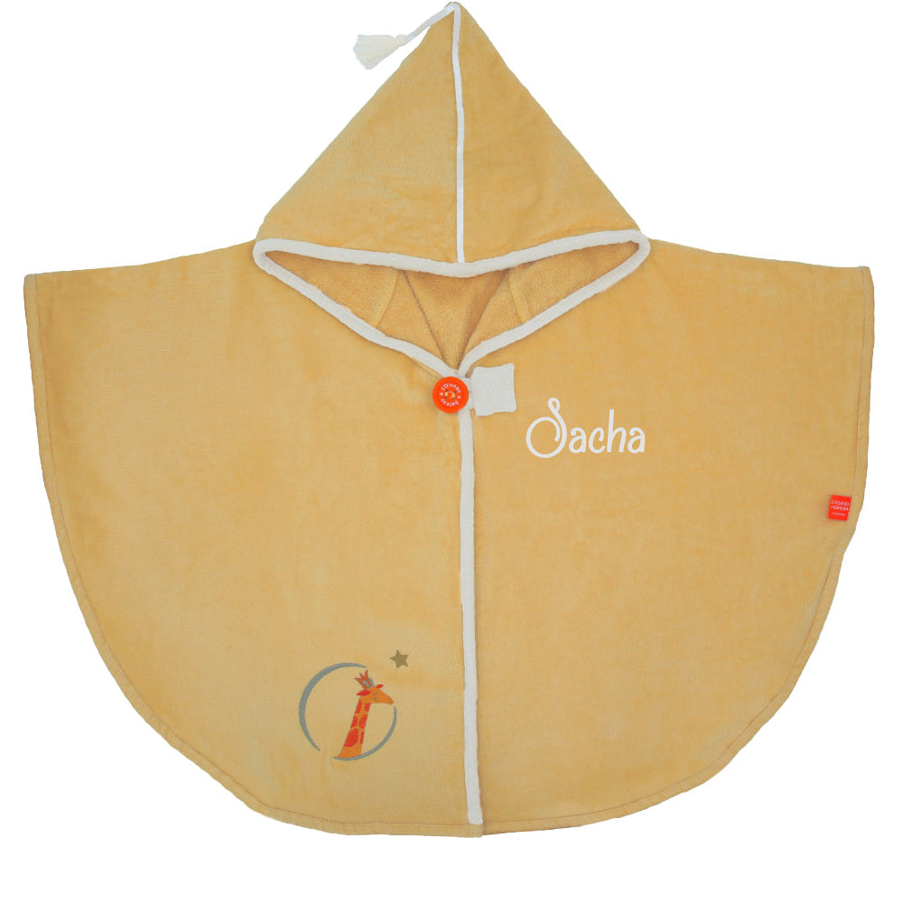 Cape de bain bébé jaune clair personnalisée prénom brodé modèle girafe vanille