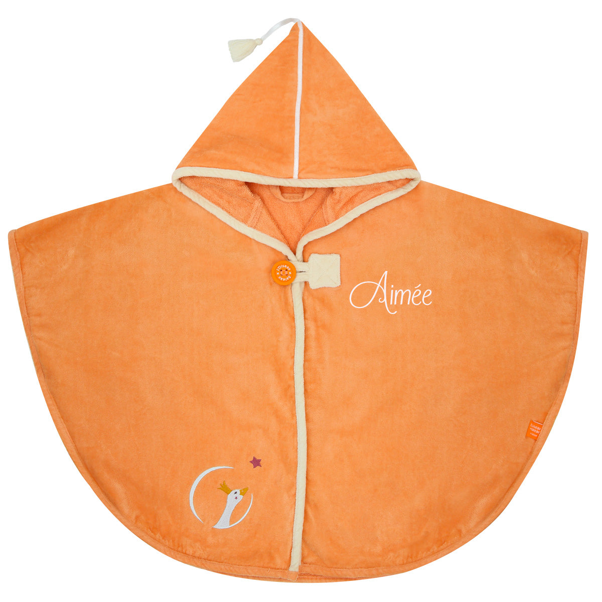 Cape de bain bébé jaune orange personnalisée prénom brodé modèle oie pêche