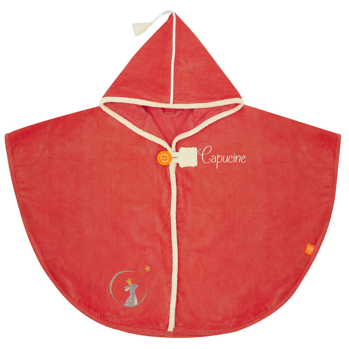 Cape de bain brodée personnalisée avec prénom, motif faon fraise, cadeau naissance pour bébé