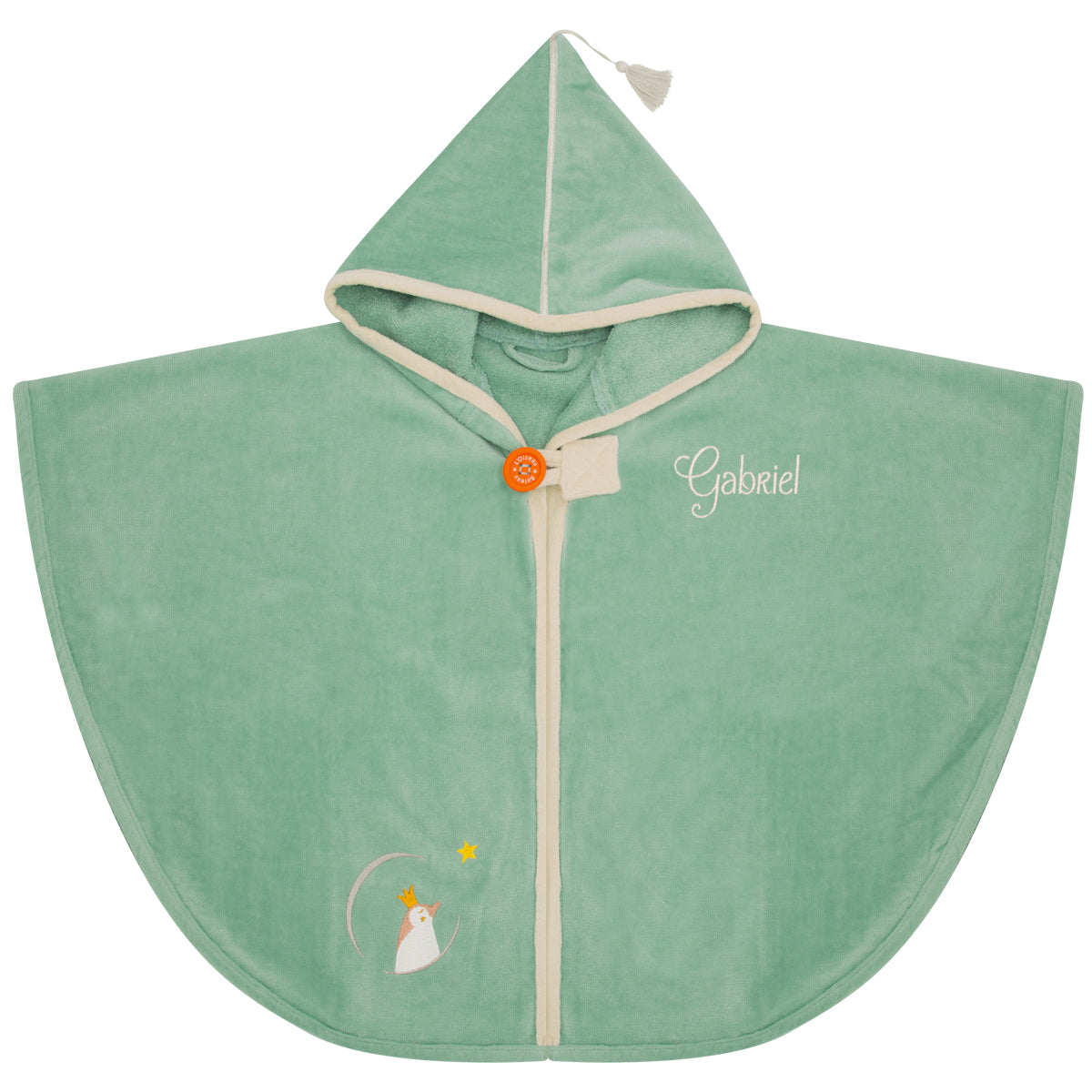Cape de bain brodée personnalisée avec prénom, motif pingouin vert, cadeau naissance pour bébé