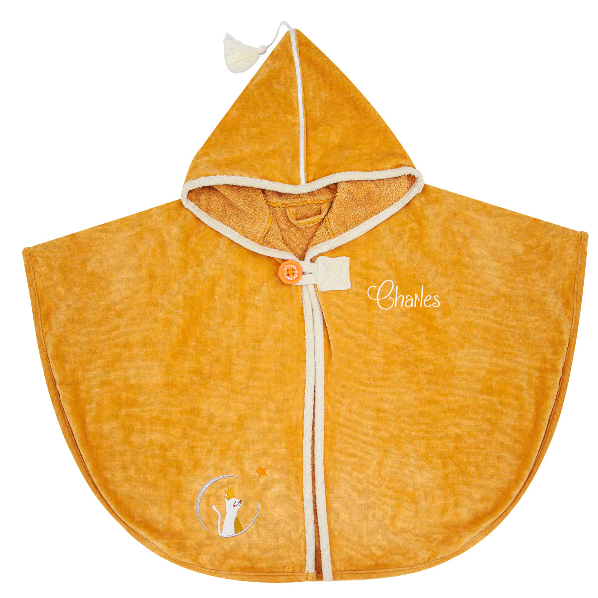 Cape de bain personnalisée avec prénom brodé, motif chat caramel, accessoire bain et cadeau naissance