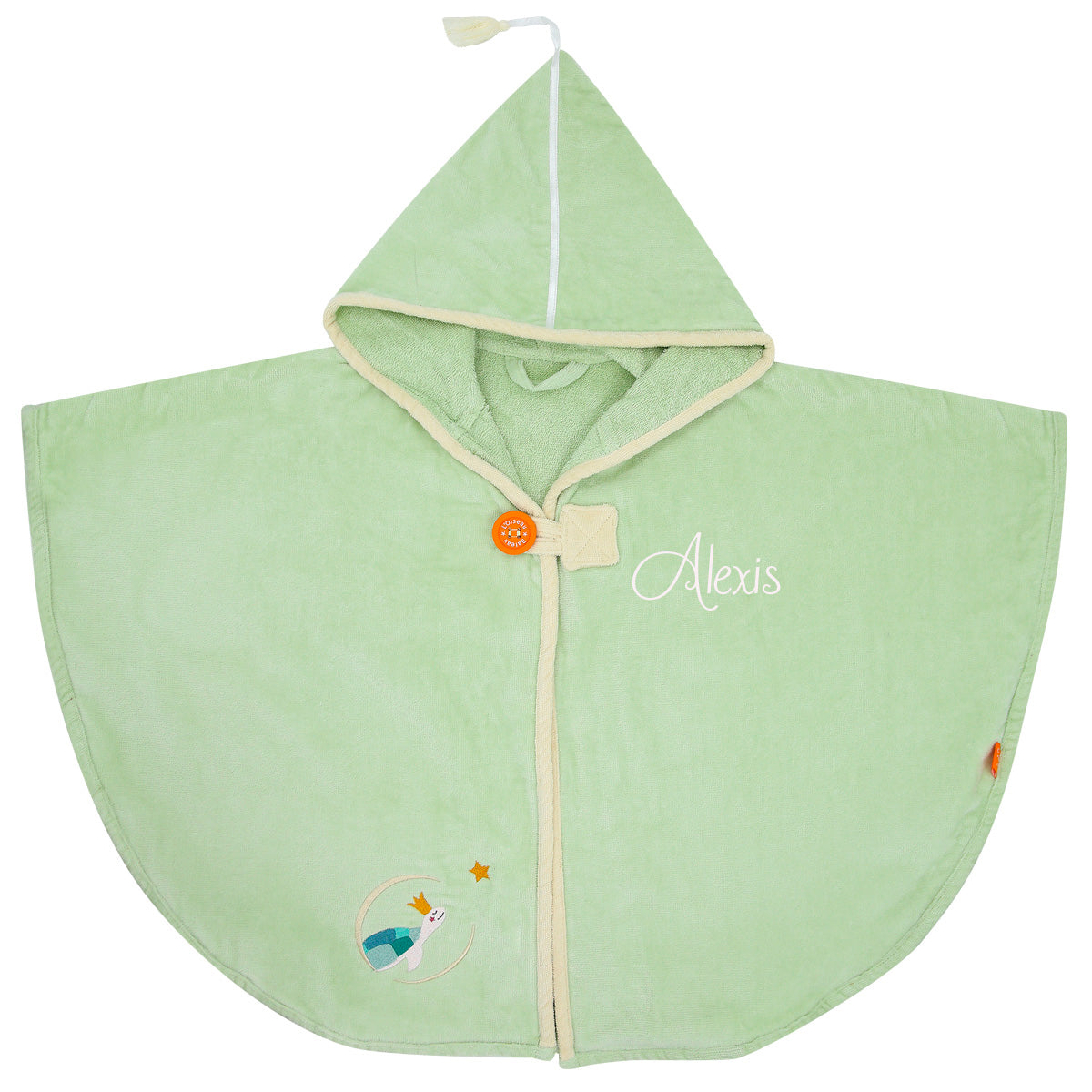 Cape de bain brodée personnalisée avec prénom, motif tortue vert menthalo, cadeau naissance pour bébé