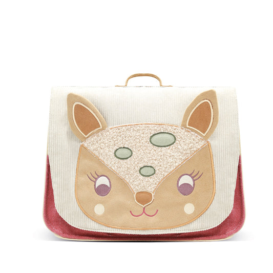 Cartable léger pour enfant. Tissu oeko-tex. Velours écru et dessin faon trop mignon. Cartable maternelle petite section fille.