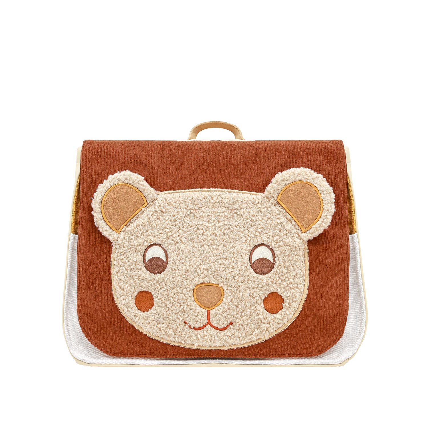 Cartable ourson idéal pour la petite section de maternelle. Sac à dos cartable, en tissus certifiés Oeko-tex. Léger, design ludique. Facile à manipuler. Pratique. Couleurs terracotta, beige et jaune. Mixte fille ou garçon.