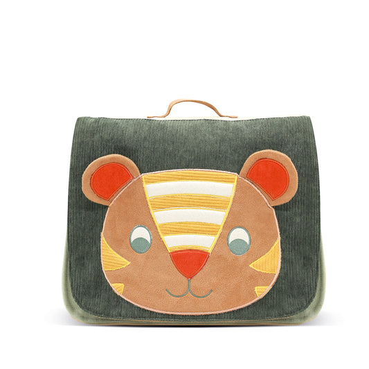 Cartable maternelle petite section. En tissu coton Oeko-tex. Velours motif tigre souriant. Cartable maternelle garçon. L'Oiseau Bateau.