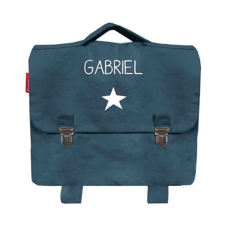 Cartable petite section personnalisé, bleu pétrole. Prénom et motif étoile. Léger, en toile de coton. Les Griottes