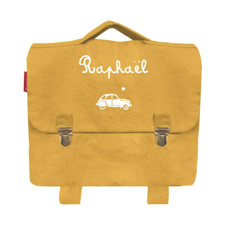 Cartable petite section jaune personnalisé prénom et motif. Les Griottes. 