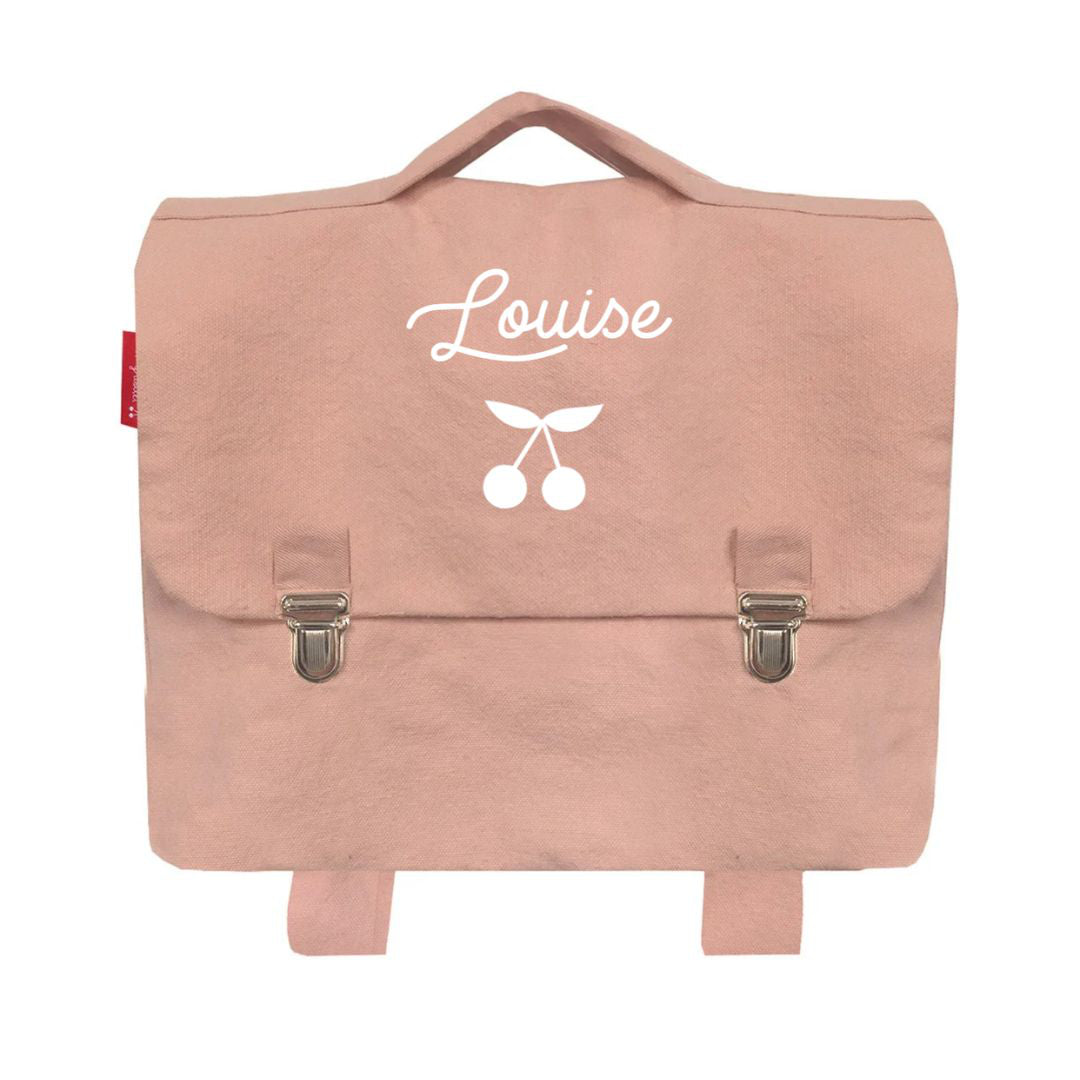 Cartable petite section personnalisé. Rose poudré, en coton, personnalisé prénom et motif cerise.