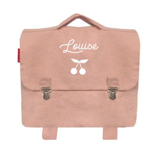Cartable petite section personnalisé. Rose poudré, en coton, personnalisé prénom et motif cerise.