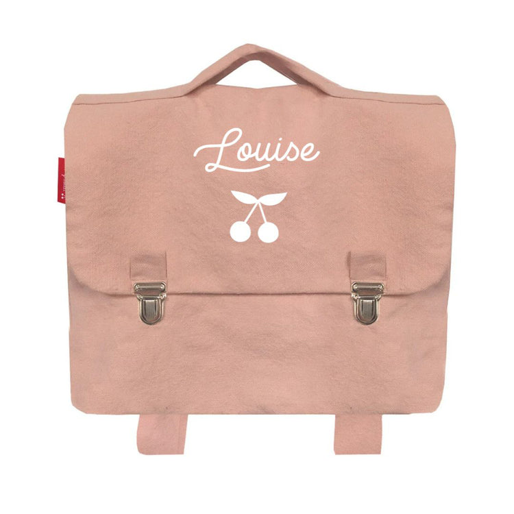 Cartable petite section personnalisé. Rose poudré, en coton, personnalisé prénom et motif cerise.