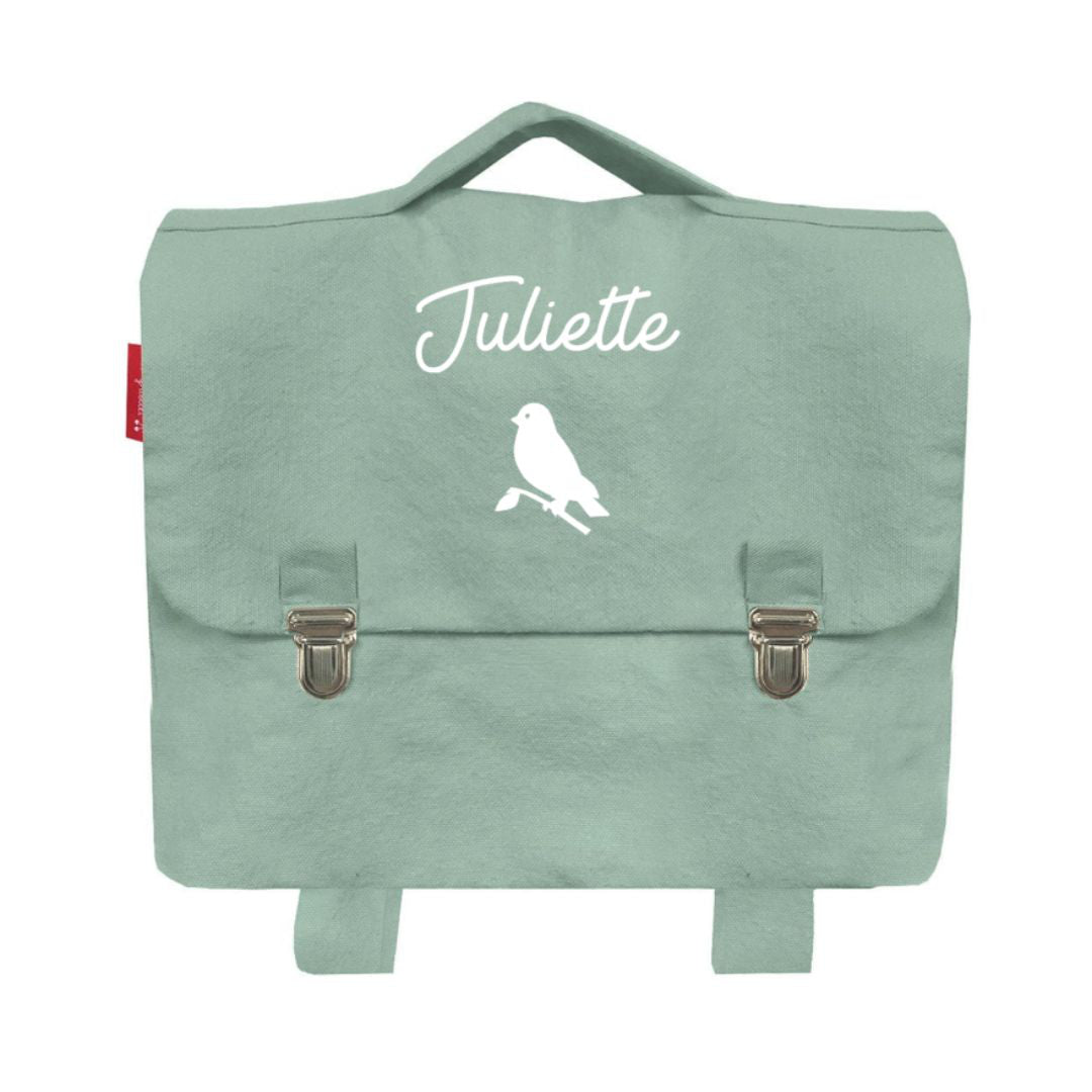 Cartable petite section personnalisé vert amande motif petit oiseau.