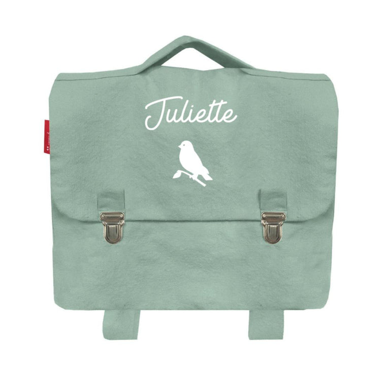 Cartable petite section personnalisé vert amande motif petit oiseau.