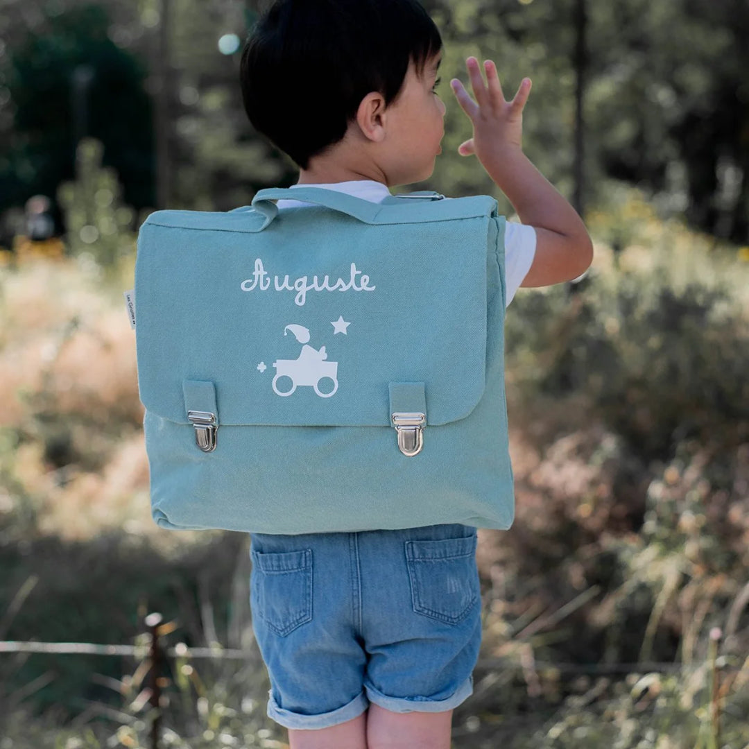Cartable première rentrée personnalisé en toile de coton vert amande. Les Griottes