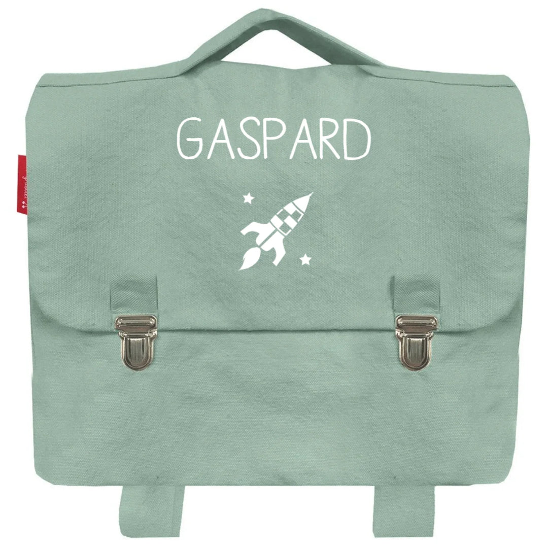Cartable personnalisé prénom et motif pour une première rentrée à l'école réussie ! Vert Amande, marque française Les Griottes. 