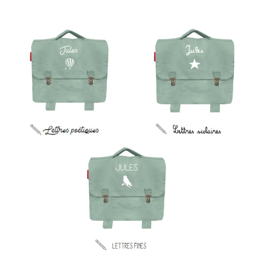 Cartable première rentrée école maternelle, vert amande, écriture au choix. Personnalisation prénom.
