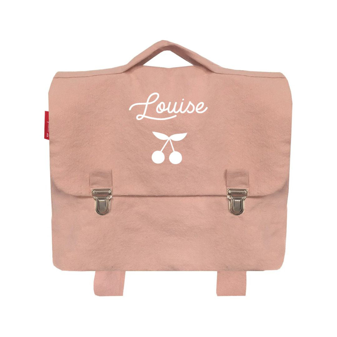 Cartable maternelle rose prénom personnalisé, écriture lettres poétiques.