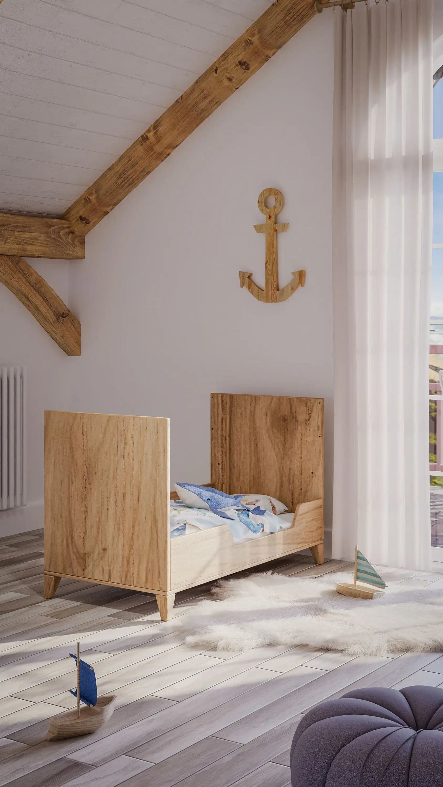 Chambre bébé Naia Bois Massif. Kit évolutif du lit naissance en bois massif pour une entrée et sortie autonome.