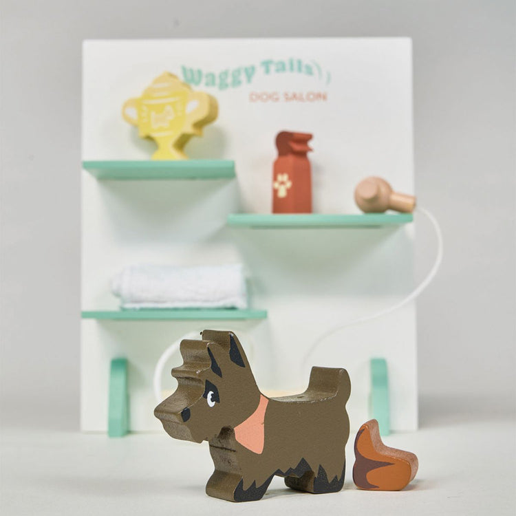 chien jouet en bois dans un salon de toilettage jouet pour enfant, idée cadeau passion animaux 3 ans