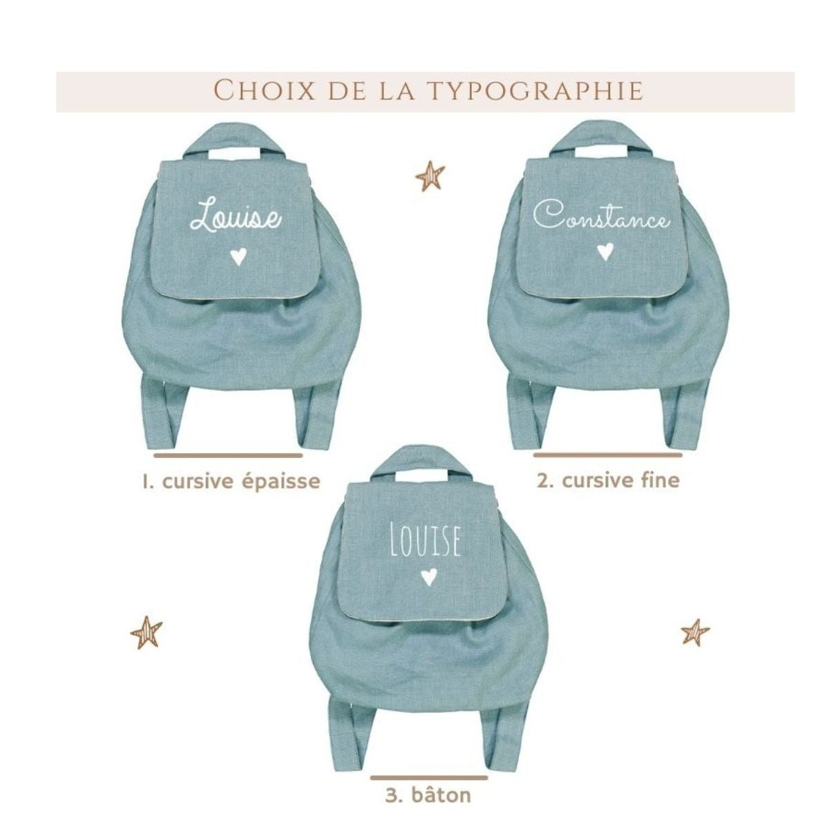 Choix des typographies pour personnaliser le prénom sur un sac à dos bébé crèche en lin (options d’écriture).
