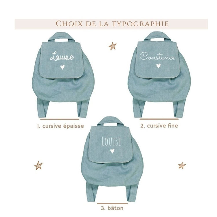 Choix des typographies pour personnaliser le prénom sur un sac à dos bébé crèche en lin (options d’écriture).
