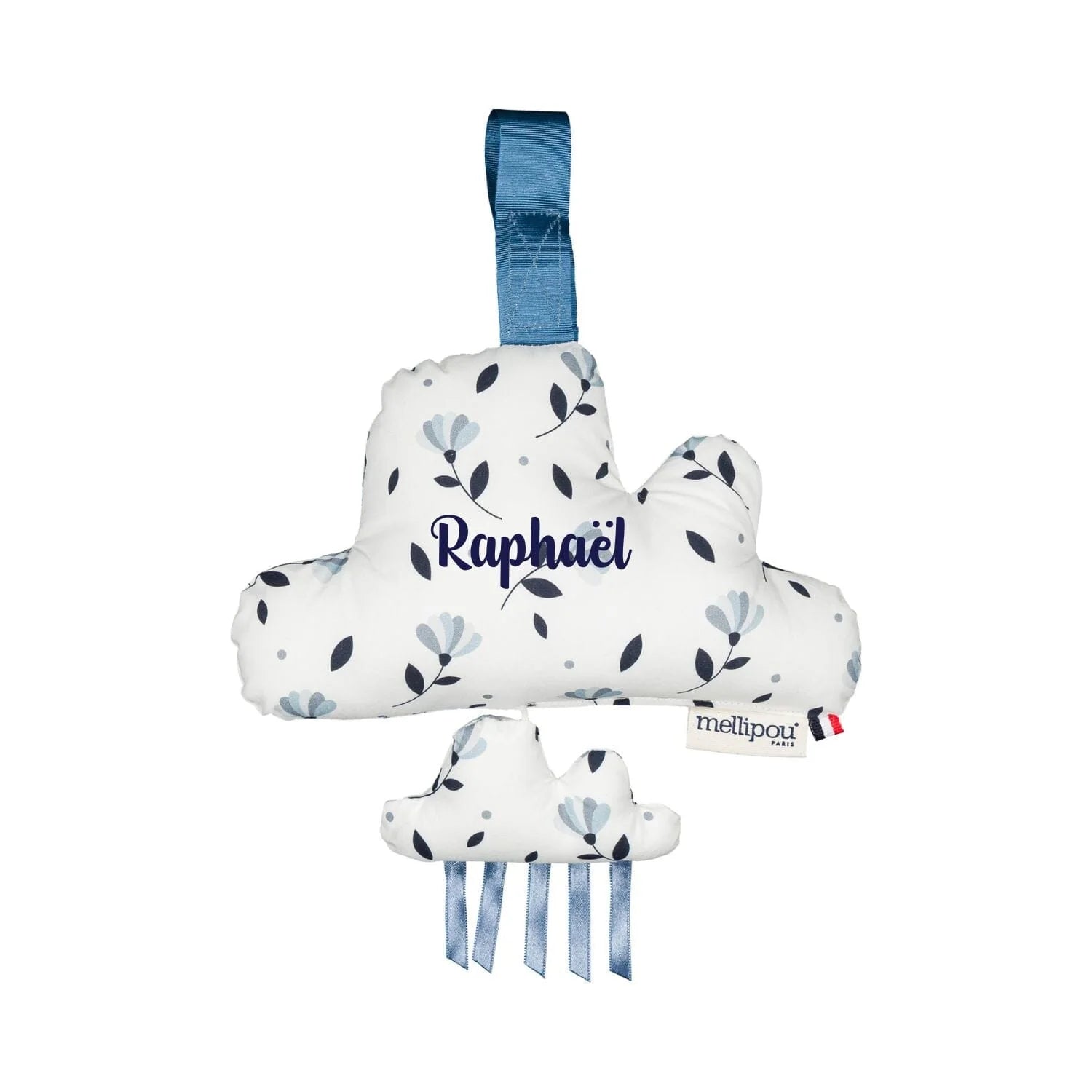 Nuage musical bébé personnalisé bleu au prénom Raphaël, coffret cadeau naissance garçon musical