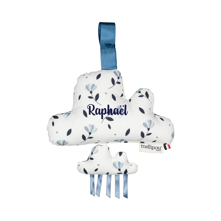 Nuage musical bébé personnalisé bleu au prénom Raphaël, coffret cadeau naissance garçon musical
