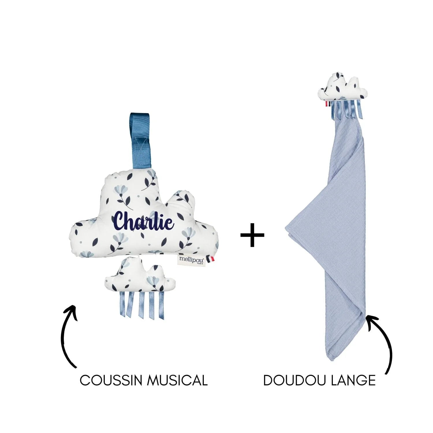 Coffret cadeau naissance bébé personnalisé musical avec nuage Charlie et doudou lange assorti