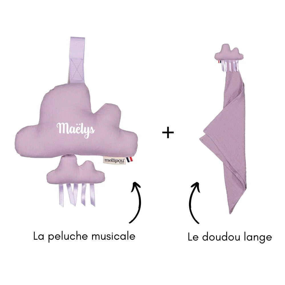 Coffret cadeau naissance bébé personnalisé musical, nuage lilas et doudou lange violet Mellipou