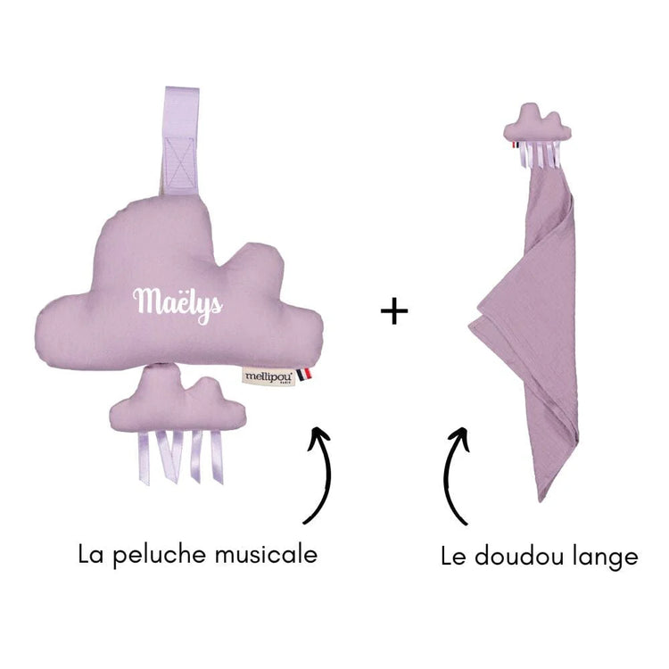 Coffret cadeau naissance bébé personnalisé musical, nuage lilas et doudou lange violet Mellipou