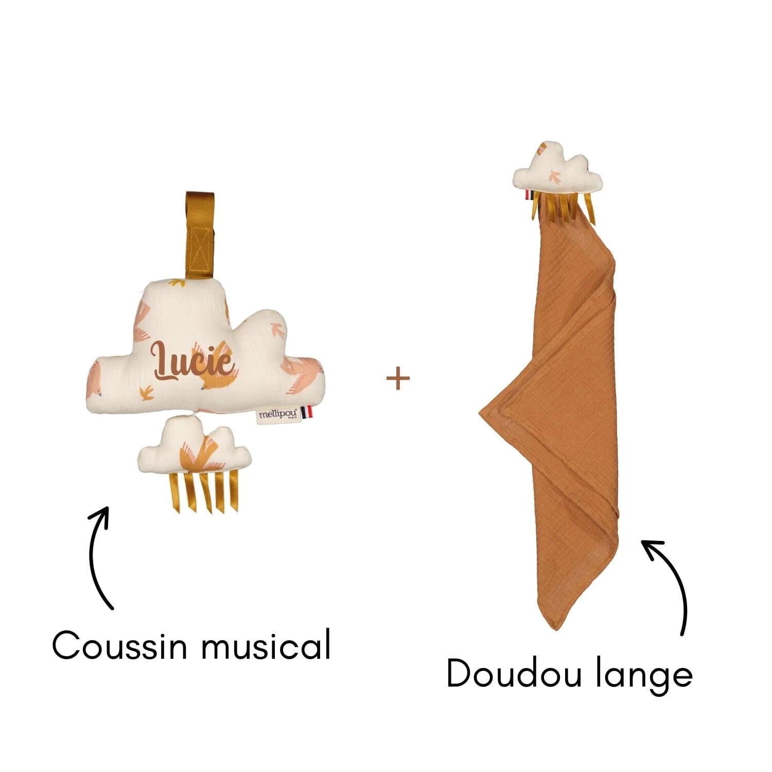Coffret cadeau naissance bébé personnalisé musical, nuage oiseaux et doudou lange camel
