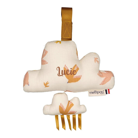 Nuage musical bébé personnalisé motif oiseaux avec prénom Lucie, cadeau naissance musical made in France
