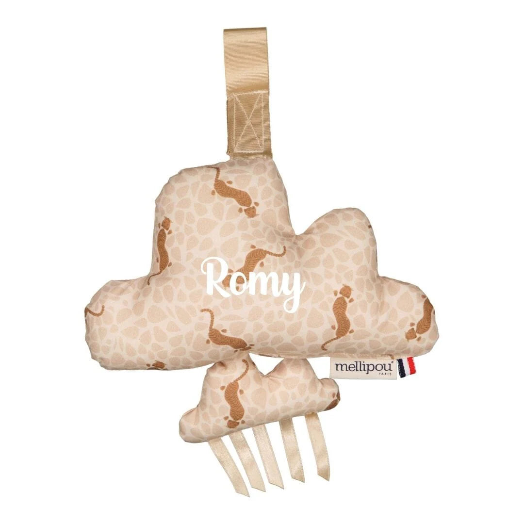 Nuage musical bébé personnalisé au prénom Romy motif tigre, idée coffret cadeau naissance musical Mellipou