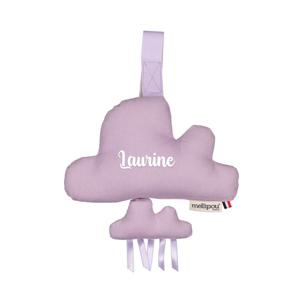 Nuage musical bébé personnalisé lilas avec prénom Laurine, idée coffret cadeau naissance musical Mellipou