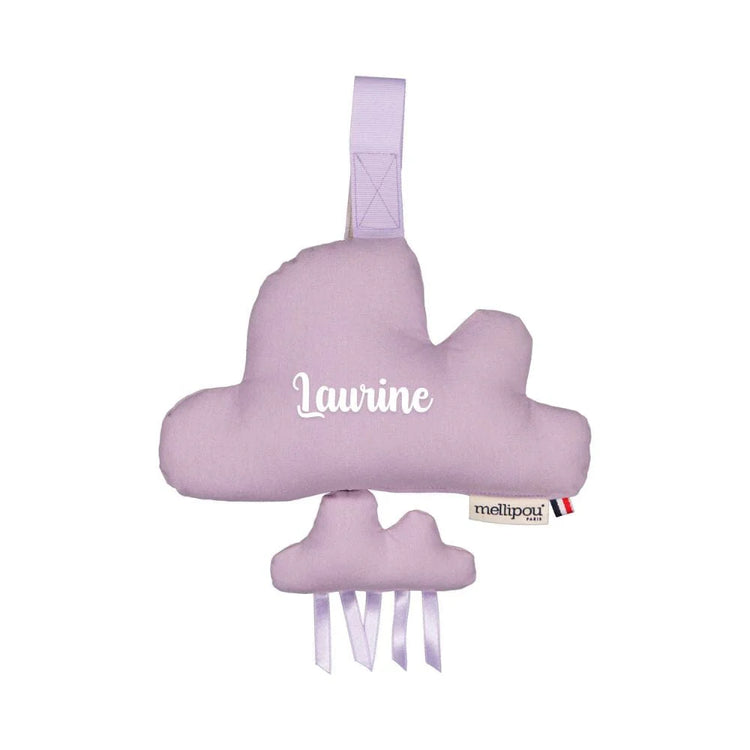Nuage musical bébé personnalisé lilas avec prénom Laurine, idée coffret cadeau naissance musical Mellipou