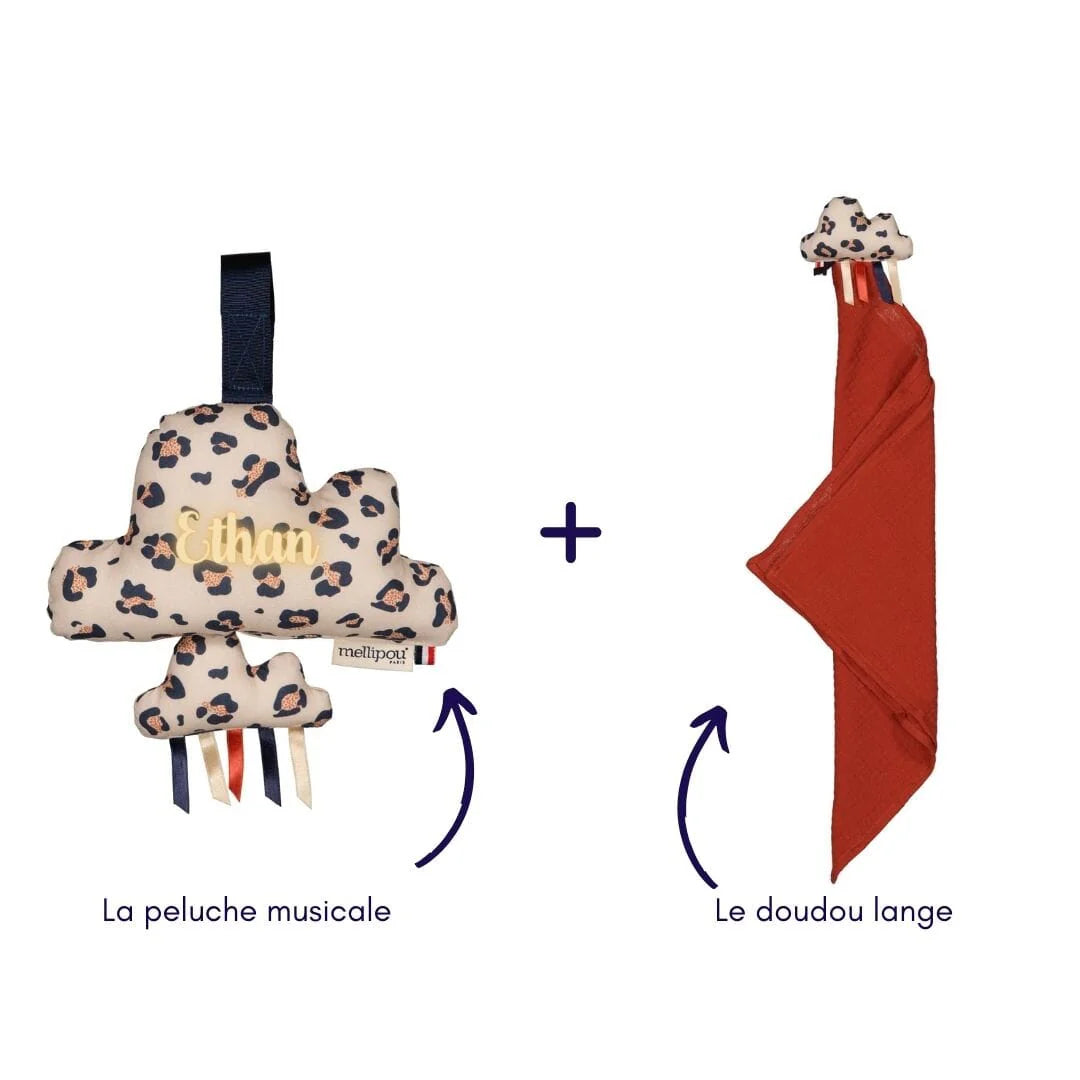 Coffret cadeau naissance bébé personnalisé nuage musical léopard berceuse originale