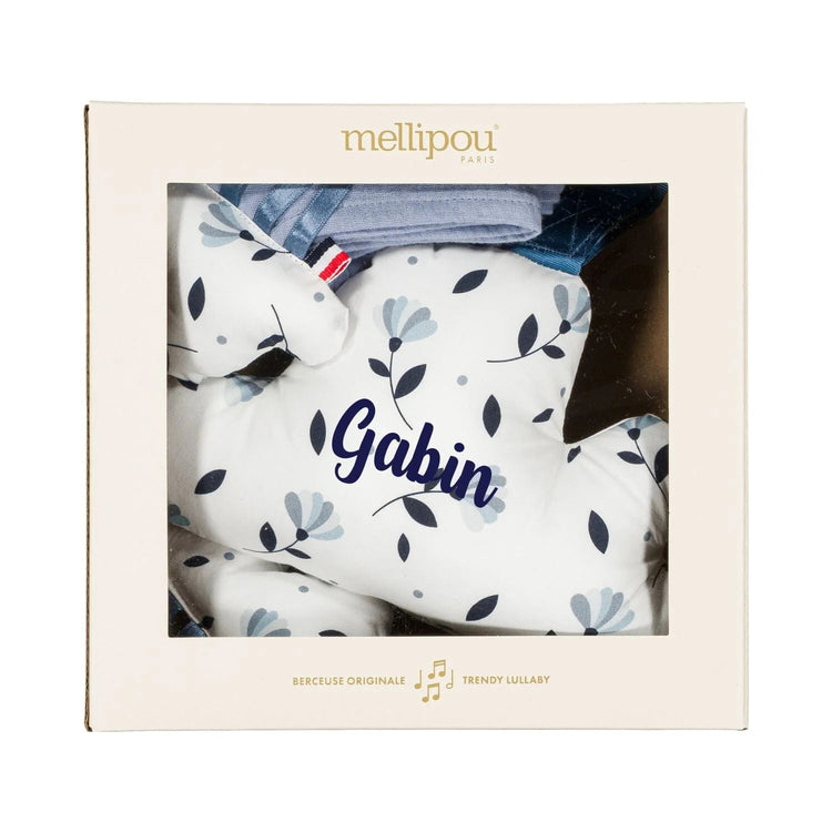 Coffret naissance bébé personnalisé musical Mellipou motif fleur bleue, nuage musical et doudou lange