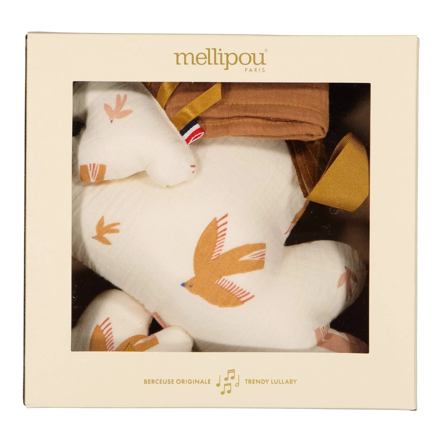 Coffret naissance bébé personnalisé musical Mellipou motif oiseaux, nuage musical et doudou lange